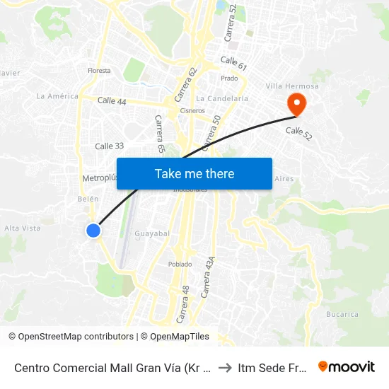 Centro Comercial Mall Gran Vía (Kr 76 - Av 80, Medellín) to Itm Sede Fraternidad map