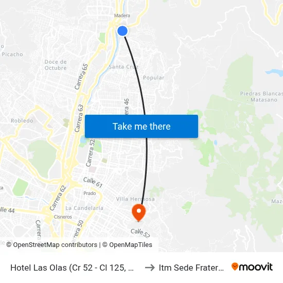 Hotel Las Olas (Cr 52 - Cl 125, Medellín) to Itm Sede Fraternidad map