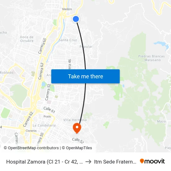 Hospital Zamora (Cl 21 - Cr 42, Bello) to Itm Sede Fraternidad map