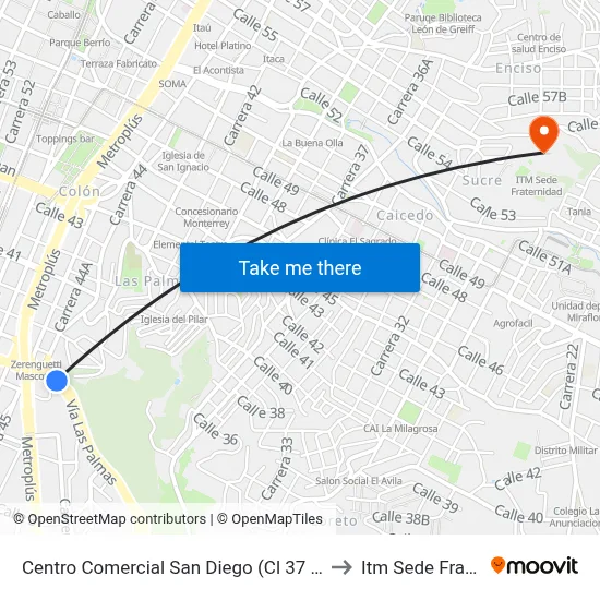 Centro Comercial San Diego (Cl 37 - Cr 43, Medellín) to Itm Sede Fraternidad map