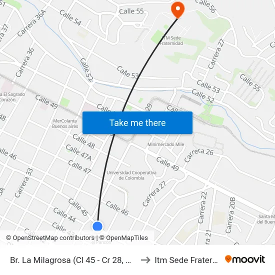Br. La Milagrosa (Cl 45 - Cr 28, Medellín) to Itm Sede Fraternidad map