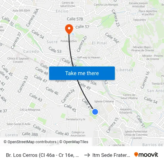 Br. Los Cerros (Cl 46a - Cr 16e, Medellín) to Itm Sede Fraternidad map