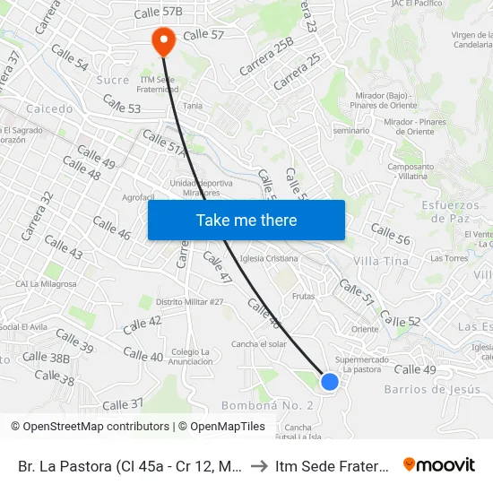 Br. La Pastora (Cl 45a - Cr 12, Medellín) to Itm Sede Fraternidad map