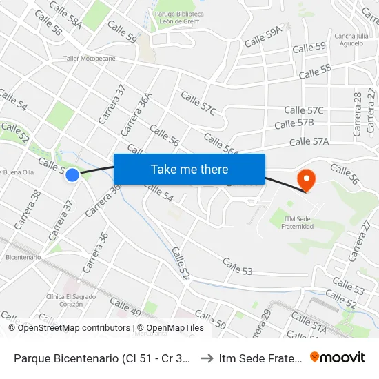 Parque Bicentenario (Cl 51 - Cr 38, Medellín) to Itm Sede Fraternidad map
