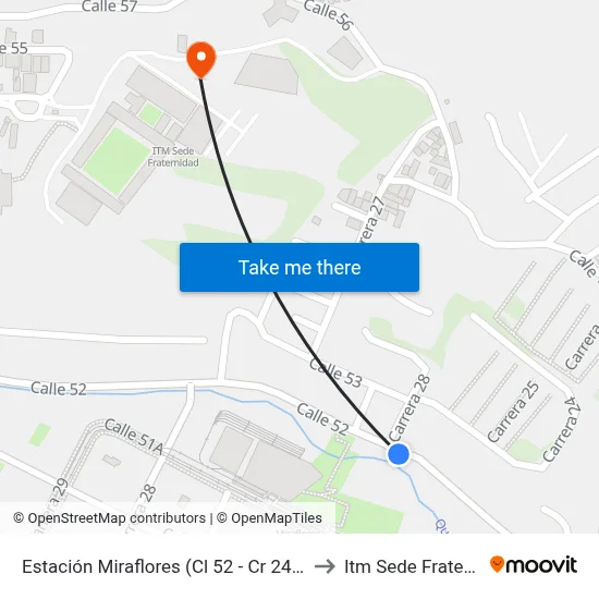 Estación Miraflores (Cl 52 - Cr 24, Medellín) to Itm Sede Fraternidad map