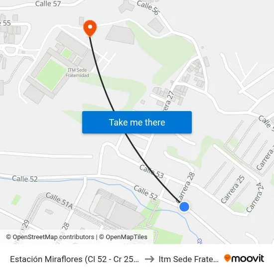 Estación Miraflores (Cl 52 - Cr 25a, Medellín) to Itm Sede Fraternidad map