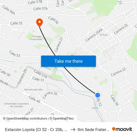 Estación Loyola (Cl 52 - Cr 20b, Medellín) to Itm Sede Fraternidad map