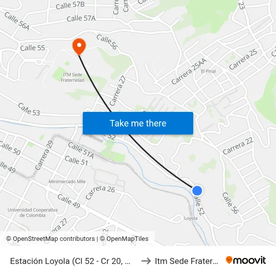 Estación Loyola (Cl 52 - Cr 20, Medellín) to Itm Sede Fraternidad map