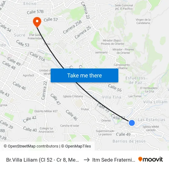 Br.Villa Liliam (Cl 52 - Cr 8, Medellín) to Itm Sede Fraternidad map