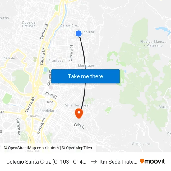 Colegio Santa Cruz (Cl 103 - Cr 42c, Medellín) to Itm Sede Fraternidad map