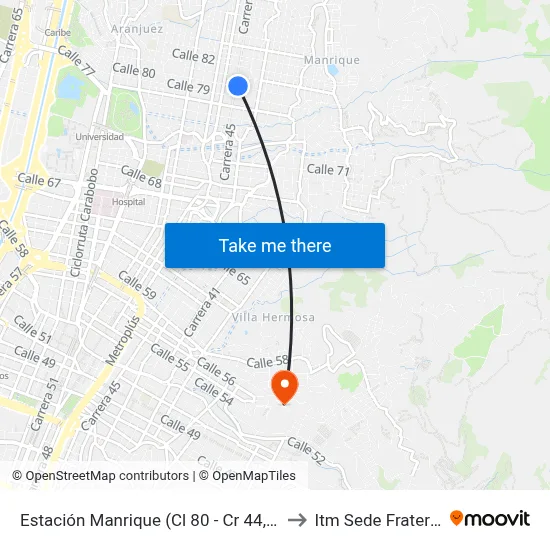 Estación Manrique (Cl 80 - Cr 44, Medellín) to Itm Sede Fraternidad map