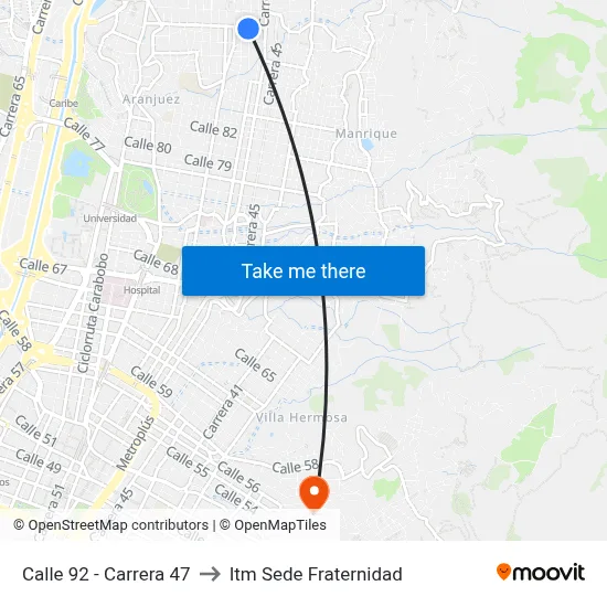 Calle 92 - Carrera 47 to Itm Sede Fraternidad map