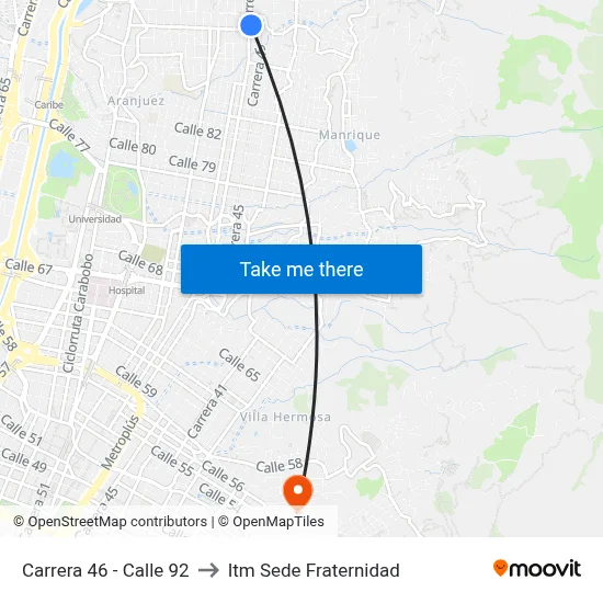 Carrera 46 - Calle 92 to Itm Sede Fraternidad map