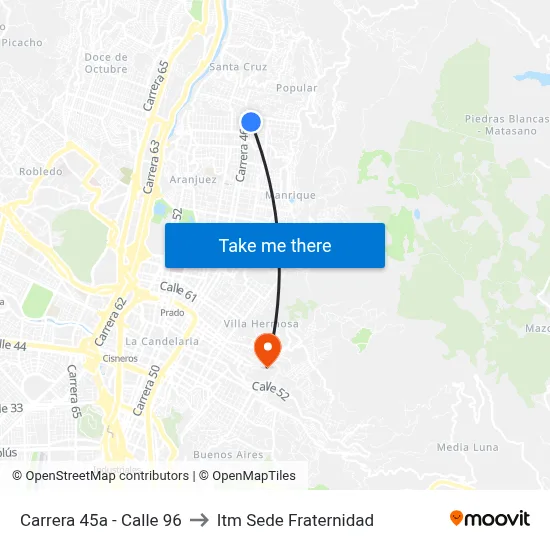 Carrera 45a - Calle 96 to Itm Sede Fraternidad map