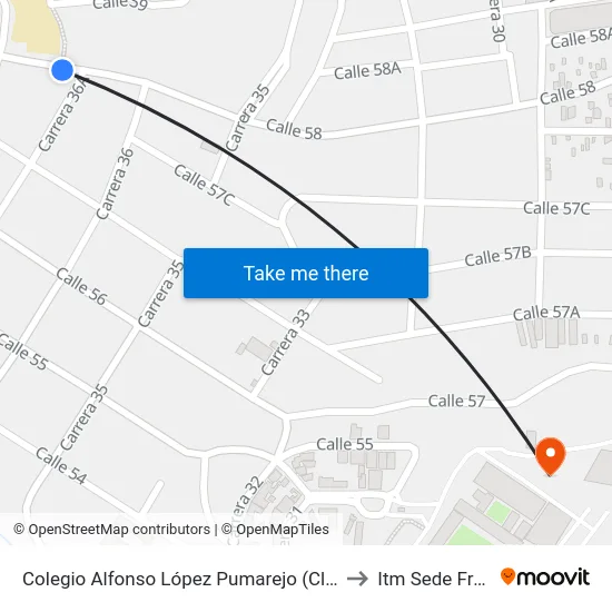 Colegio Alfonso López Pumarejo (Cl 58 - Cr 36a, Medellín) to Itm Sede Fraternidad map