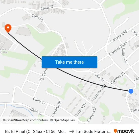 Br. El Pinal (Cr 24aa - Cl 56, Medellín) to Itm Sede Fraternidad map