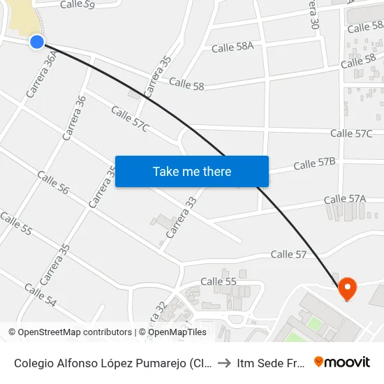 Colegio Alfonso López Pumarejo (Cl 58 - Cr 36a, Medellín) to Itm Sede Fraternidad map