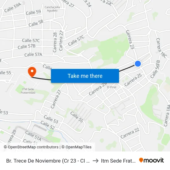 Br. Trece De Noviembre (Cr 23 - Cl 56fh, Medellín) to Itm Sede Fraternidad map