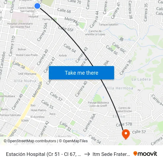Estación Hospital (Cr 51 - Cl 67, Medellín) to Itm Sede Fraternidad map