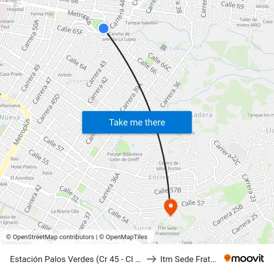 Estación Palos Verdes (Cr 45 - Cl 66, Medellín) to Itm Sede Fraternidad map