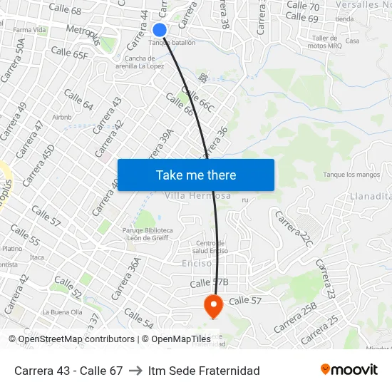 Carrera 43 - Calle 67 to Itm Sede Fraternidad map
