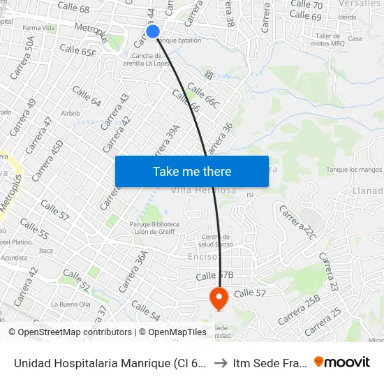 Unidad Hospitalaria Manrique (Cl 67 - Cr 43, Medellín) to Itm Sede Fraternidad map