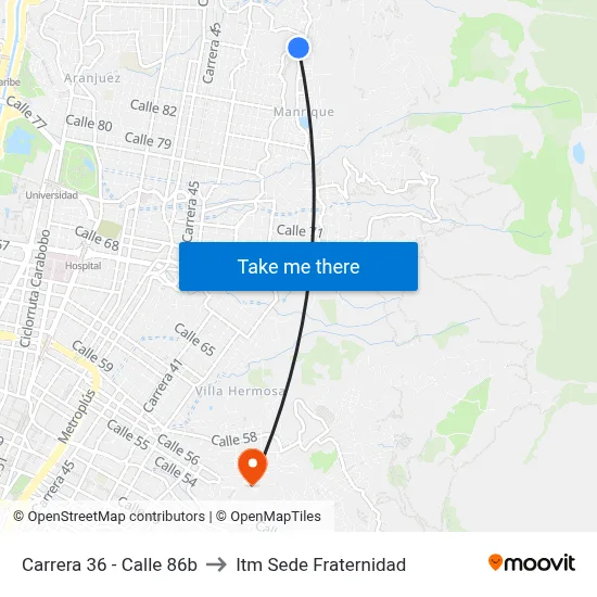 Carrera 36 - Calle 86b to Itm Sede Fraternidad map