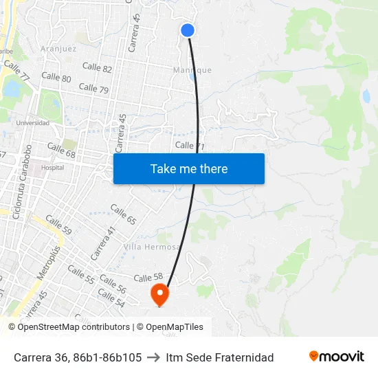 Carrera 36, 86b1-86b105 to Itm Sede Fraternidad map