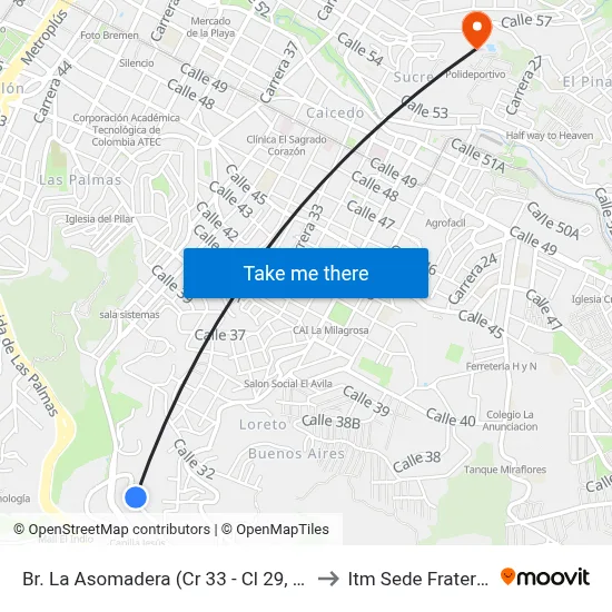 Br. La Asomadera (Cr 33 - Cl 29, Medellín) to Itm Sede Fraternidad map