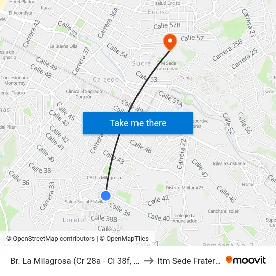 Br. La Milagrosa (Cr 28a - Cl 38f, Medellín) to Itm Sede Fraternidad map