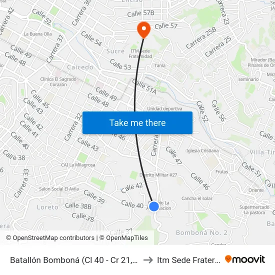 Batallón Bomboná (Cl 40 - Cr 21, Medellín) to Itm Sede Fraternidad map