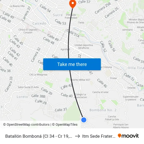 Batallón Bomboná (Cl 34 - Cr 19, Medellín) to Itm Sede Fraternidad map