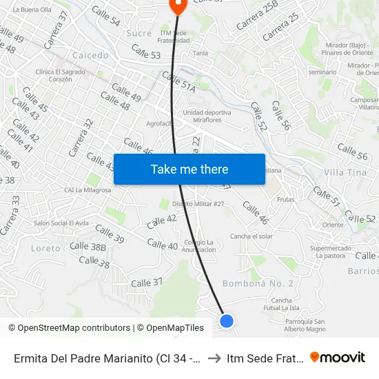 Ermita Del Padre Marianito (Cl 34 - Cr 19, Medellín) to Itm Sede Fraternidad map