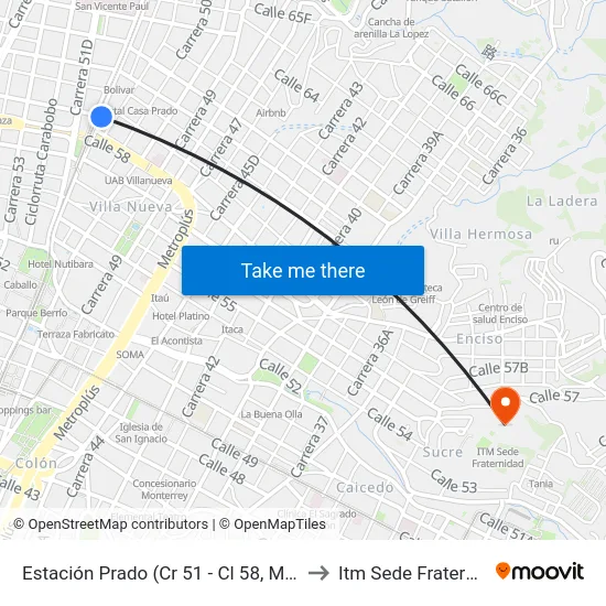 Estación Prado (Cr 51 - Cl 58, Medellín) to Itm Sede Fraternidad map