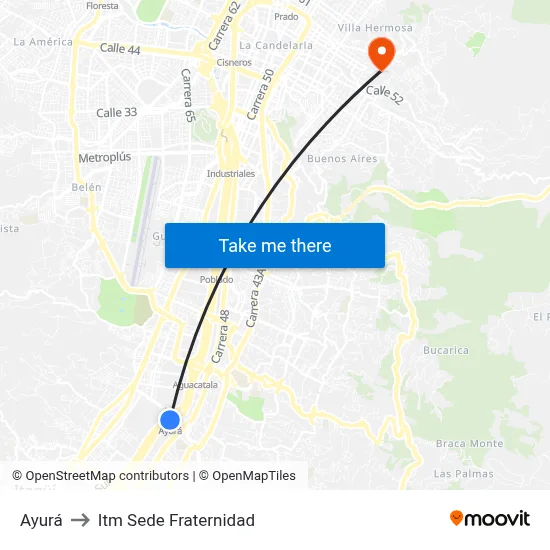 Ayurá to Itm Sede Fraternidad map