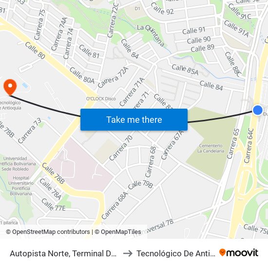 Autopista Norte, Terminal Del Norte to Tecnológico De Antioquia map