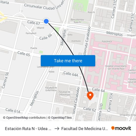 Estación Ruta N - Udea (Cl 67 - Cr 55, Medellín) to Facultad De Medicina Universidad De Antioquia map