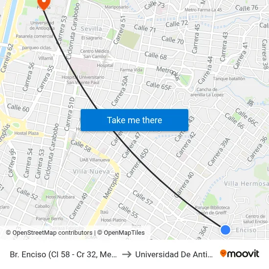 Br. Enciso (Cl 58 - Cr 32, Medellín) to Universidad De Antioquia map