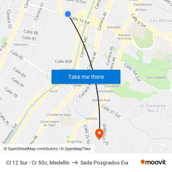 Cl 12 Sur - Cr 50c, Medellín to Sede Posgrados Eia map