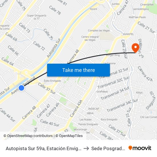 Autopista Sur 59a, Estación Envigado Buses to Sede Posgrados Eia map
