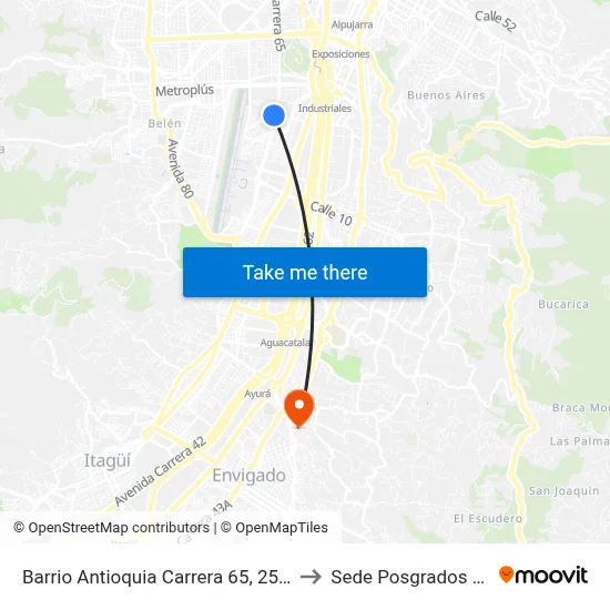 Barrio Antioquia Carrera 65, 25-41 to Sede Posgrados Eia map