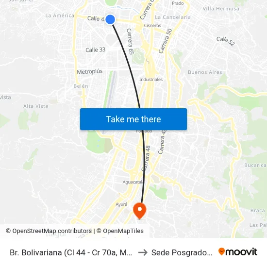 Br. Bolivariana (Cl 44 - Cr 70a, Medellín) to Sede Posgrados Eia map