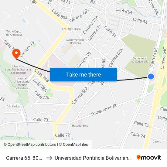 Carrera 65, 802-80164 to Universidad Pontificia Bolivariana Sede Robledo map