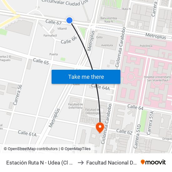 Estación Ruta N - Udea (Cl 67 - Cr 55, Medellín) to Facultad Nacional De Salud Pública map
