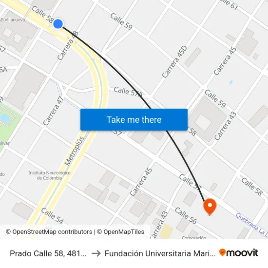 Prado Calle 58, 481-4879 to Fundación Universitaria Maria Cano map