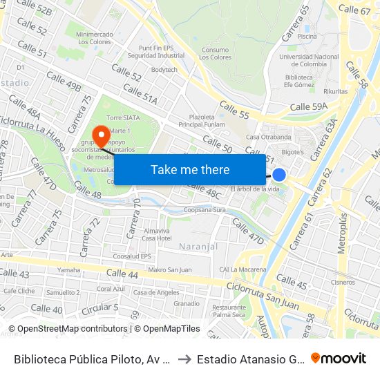 Biblioteca Pública Piloto, Av Colombia to Estadio Atanasio Girardot map