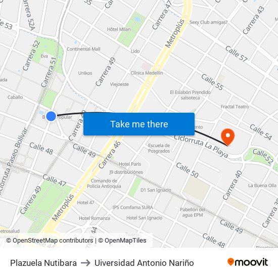 Plazuela Nutibara to Uiversidad Antonio Nariño map