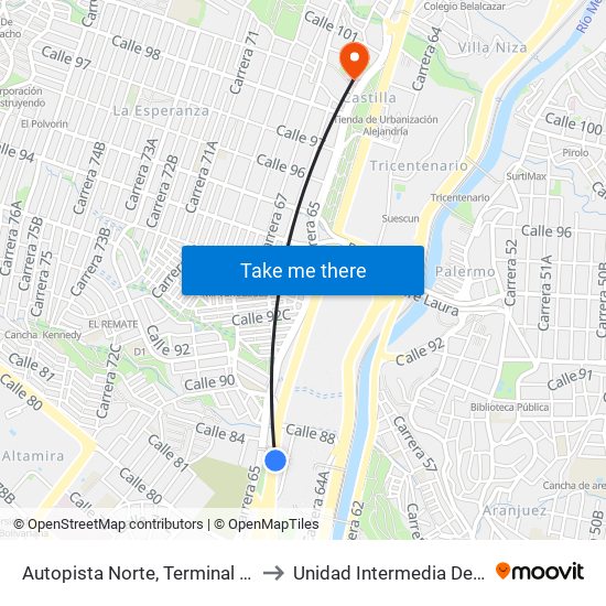 Autopista Norte, Terminal Del Norte to Unidad Intermedia De Castilla map