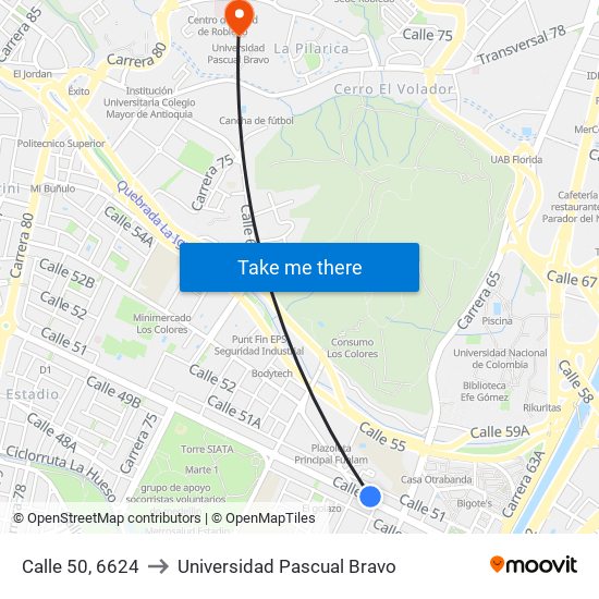 Calle 50, 6624 to Universidad Pascual Bravo map