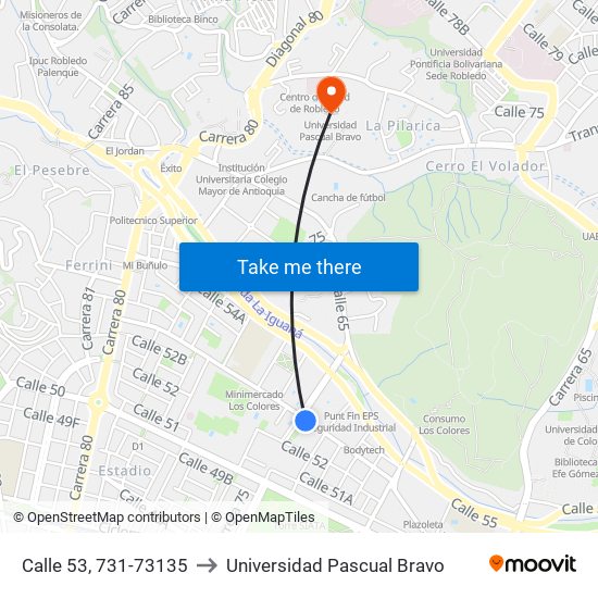 Calle 53, 731-73135 to Universidad Pascual Bravo map